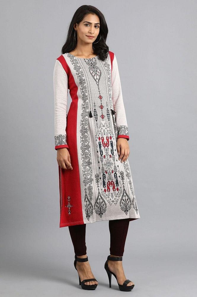 Grey Round Neck Winter kurta - wforwoman