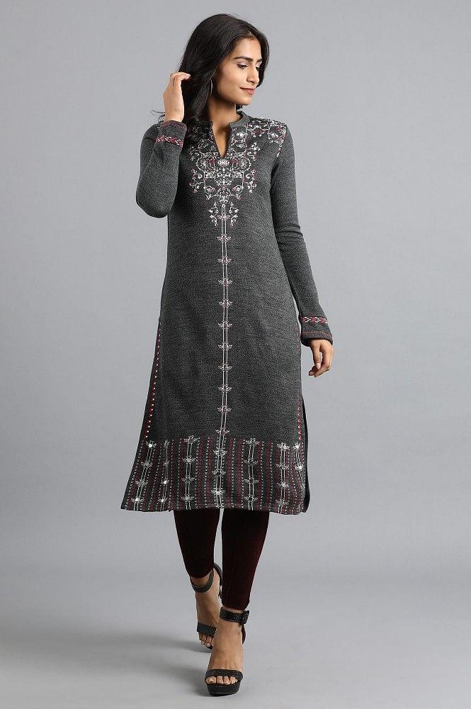 Grey Mandarin Neck Yarn-dyed Winter kurta - wforwoman