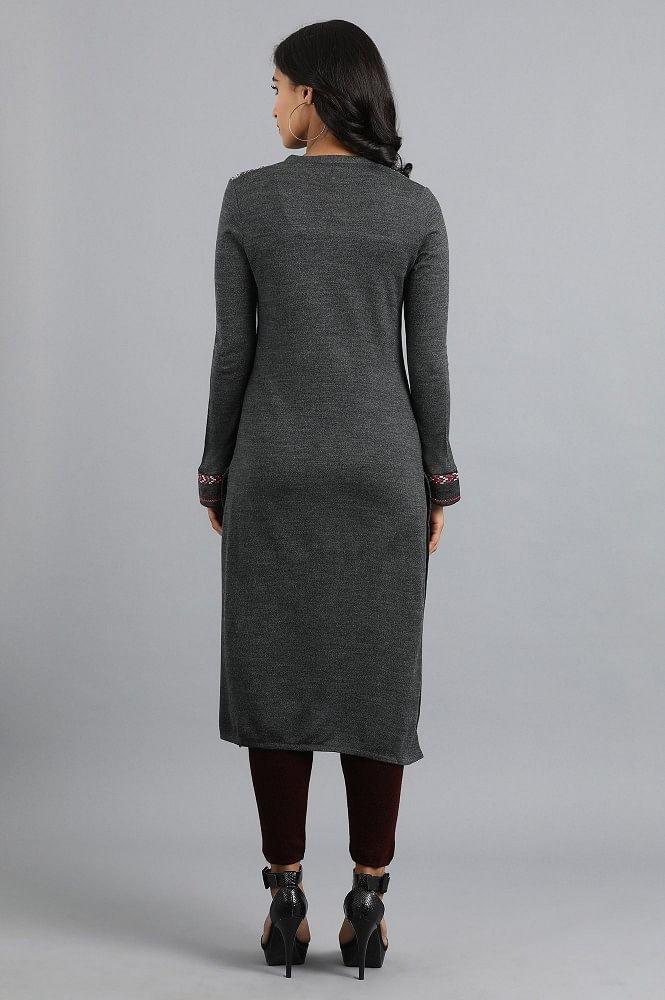 Grey Mandarin Neck Yarn-dyed Winter kurta - wforwoman