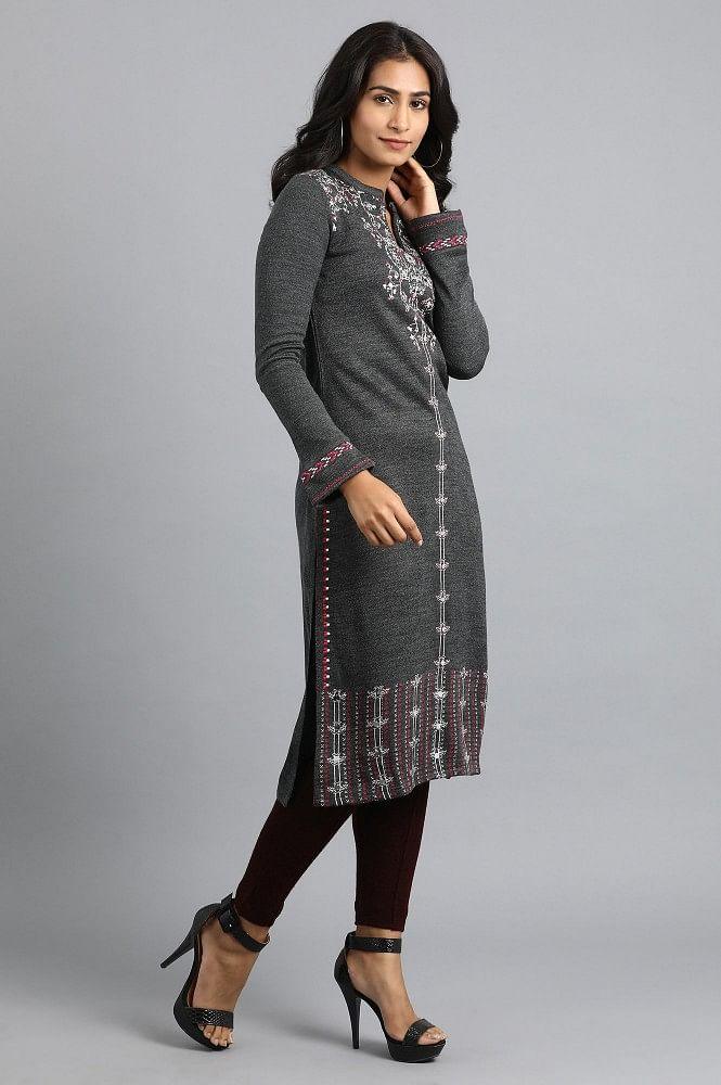 Grey Mandarin Neck Yarn-dyed Winter kurta - wforwoman