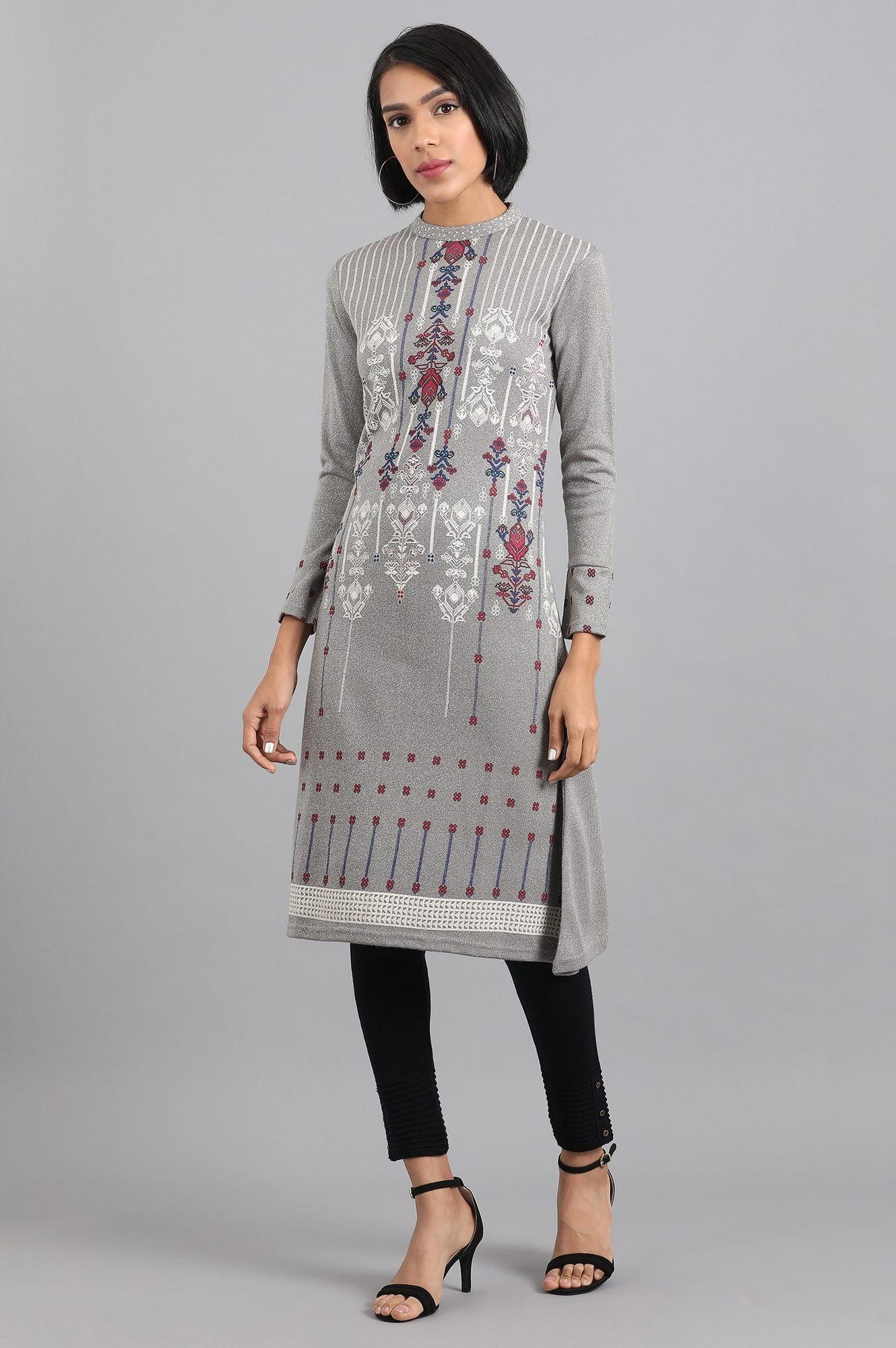 Grey Mandarin Neck Winter kurta - wforwoman