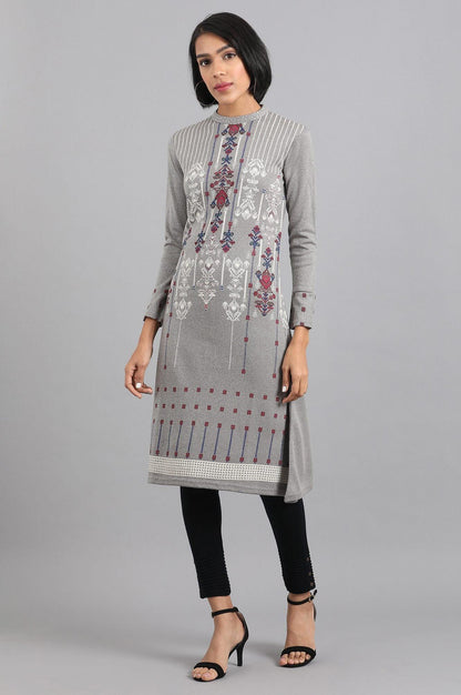 Grey Mandarin Neck Winter kurta - wforwoman