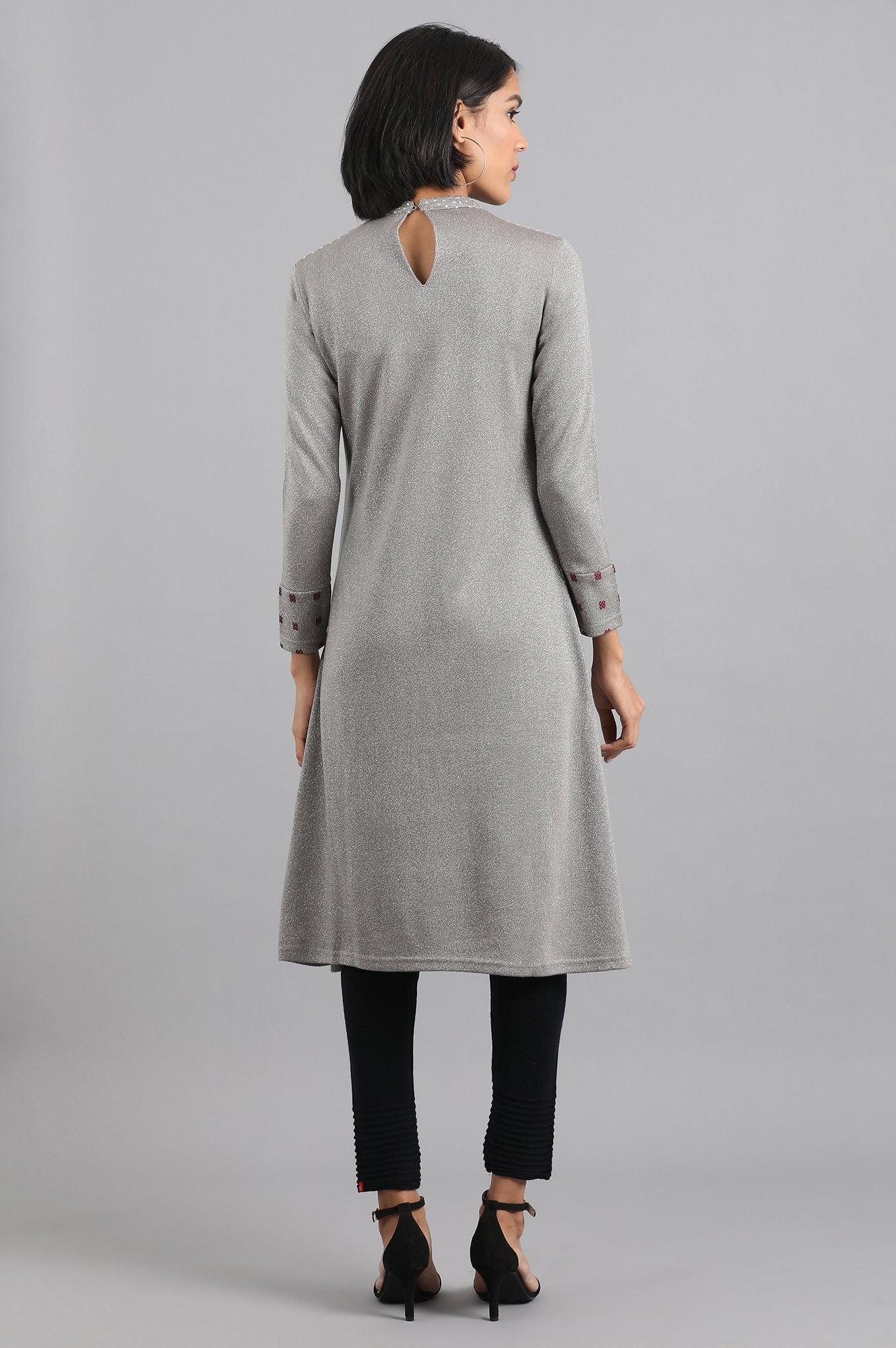 Grey Mandarin Neck Winter kurta - wforwoman