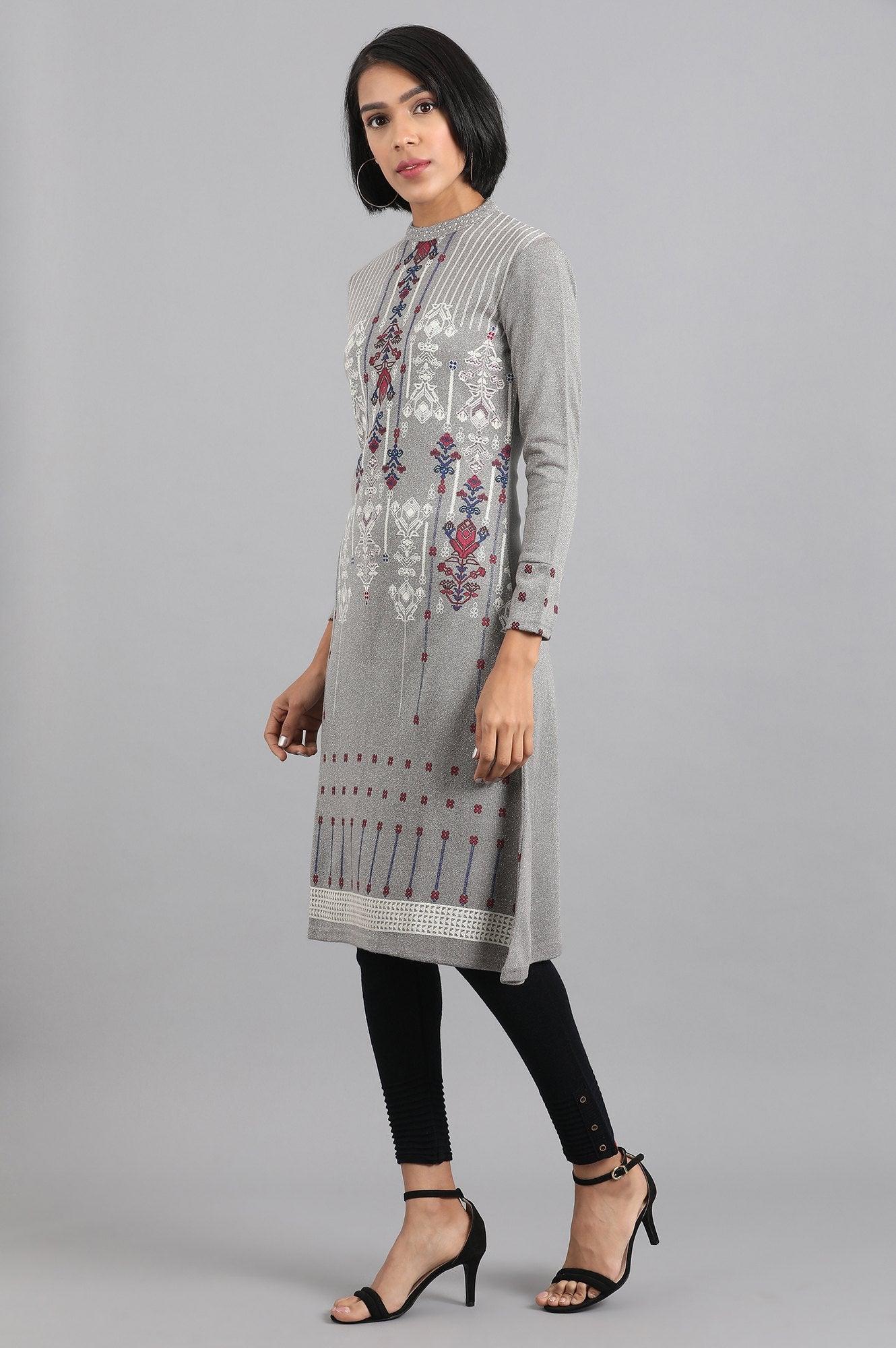 Grey Mandarin Neck Winter kurta - wforwoman