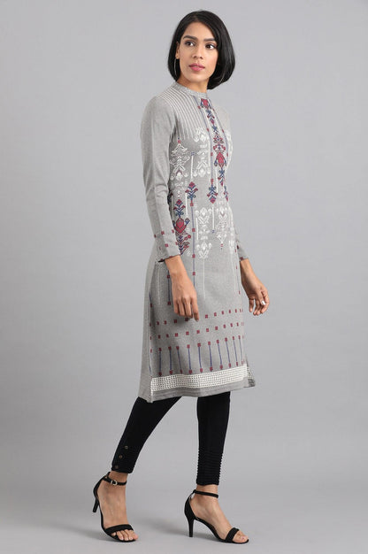 Grey Mandarin Neck Winter kurta - wforwoman