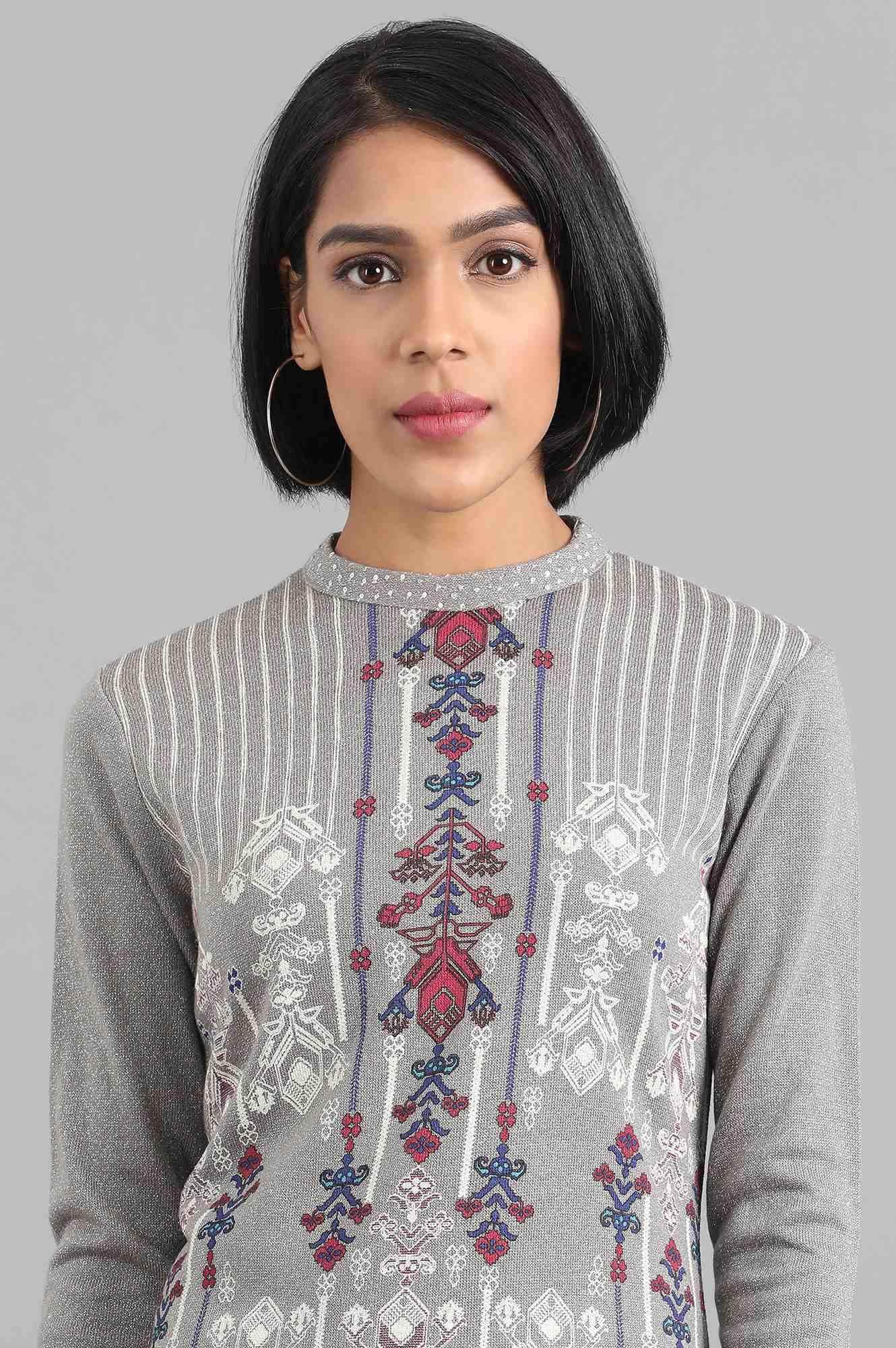 Grey Mandarin Neck Winter kurta - wforwoman