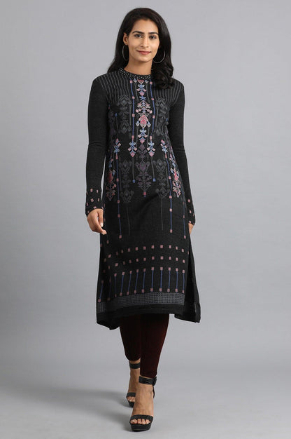 Dark Grey Mandarin Neck Winter kurta - wforwoman