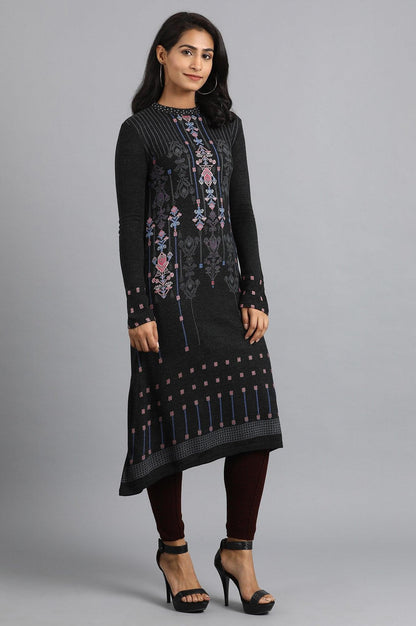 Dark Grey Mandarin Neck Winter kurta - wforwoman