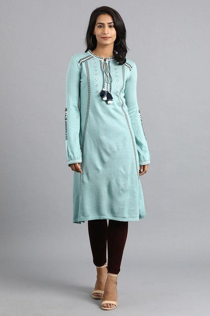 Blue Mandarin Neck Winter kurta - wforwoman