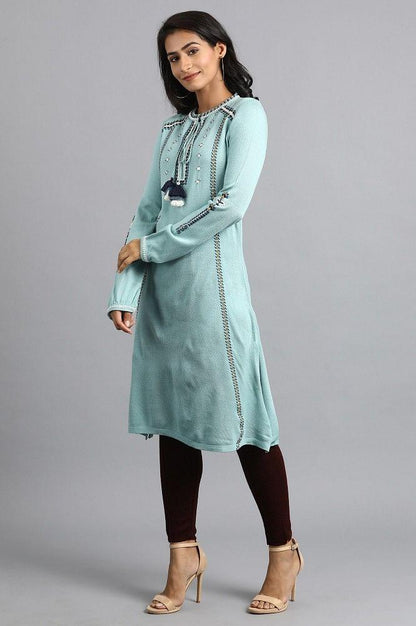 Blue Mandarin Neck Winter kurta - wforwoman