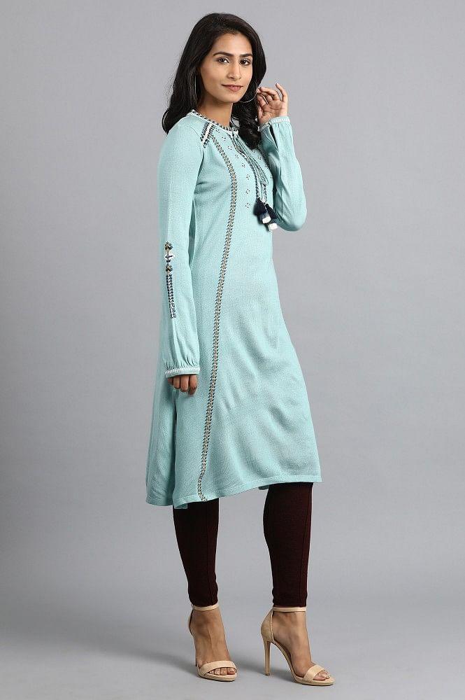 Blue Mandarin Neck Winter kurta - wforwoman