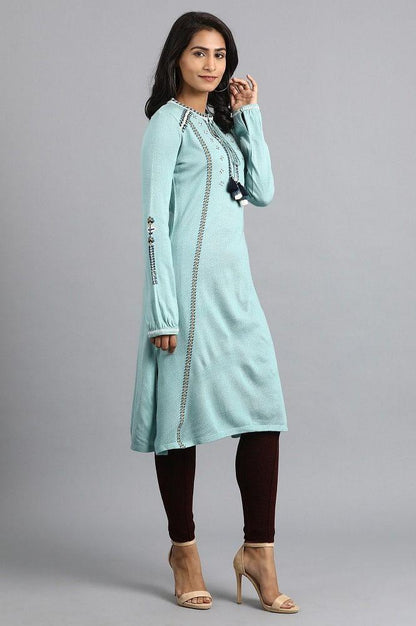 Blue Mandarin Neck Winter kurta - wforwoman