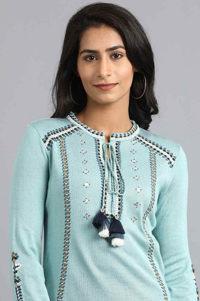 Blue Mandarin Neck Winter kurta - wforwoman