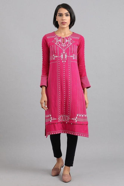 Pink Round Neck Winter kurta - wforwoman