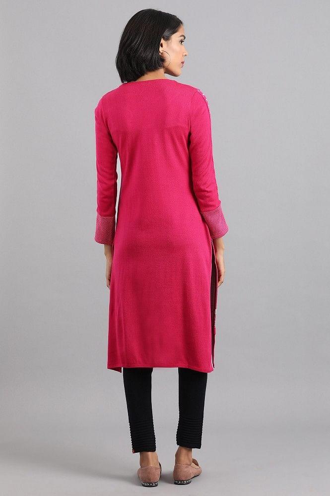 Pink Round Neck Winter kurta - wforwoman