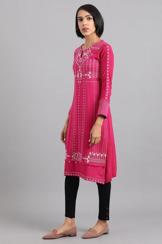 Pink Round Neck Winter kurta - wforwoman