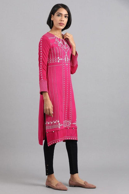 Pink Round Neck Winter kurta - wforwoman