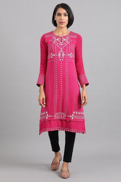 Pink Round Neck Winter kurta - wforwoman