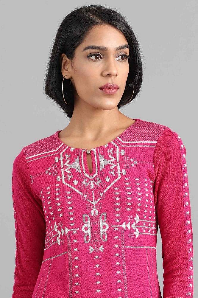 Pink Round Neck Winter kurta - wforwoman