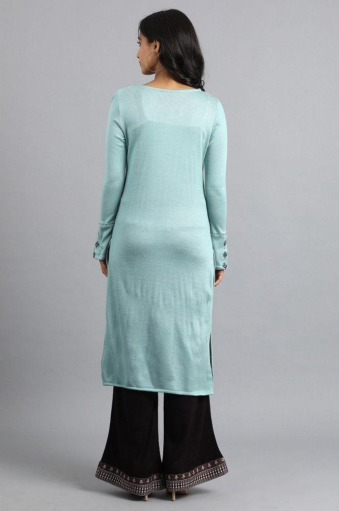 Blue Mandarin Neck Winter kurta - wforwoman