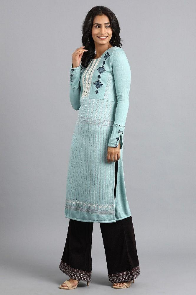 Blue Mandarin Neck Winter kurta - wforwoman