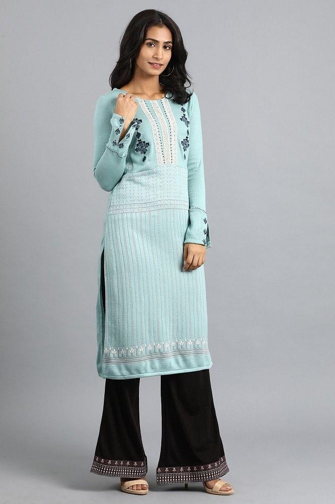 Blue Mandarin Neck Winter kurta - wforwoman