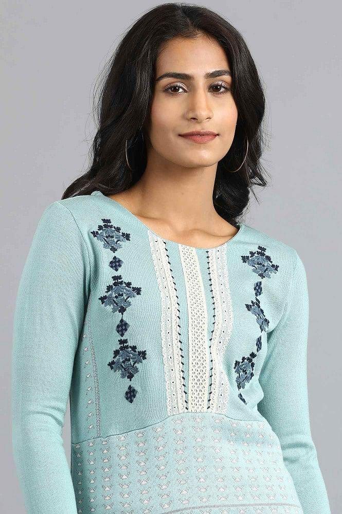 Blue Mandarin Neck Winter kurta - wforwoman