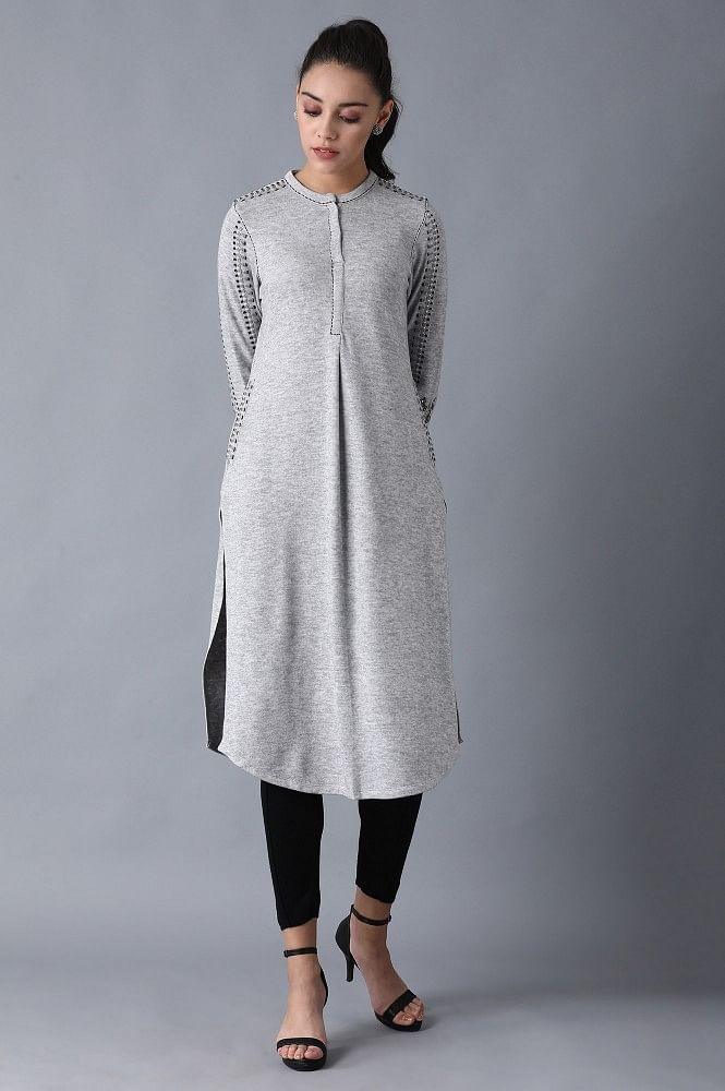 Grey Mandarin Neck Winter kurta - wforwoman