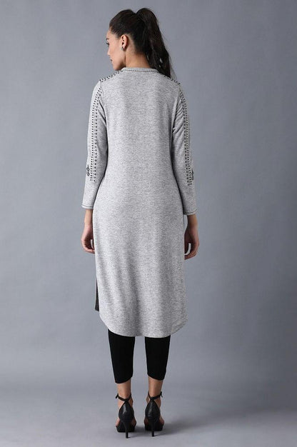 Grey Mandarin Neck Winter kurta - wforwoman