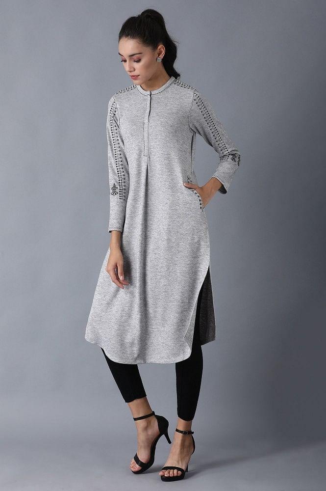 Grey Mandarin Neck Winter kurta - wforwoman