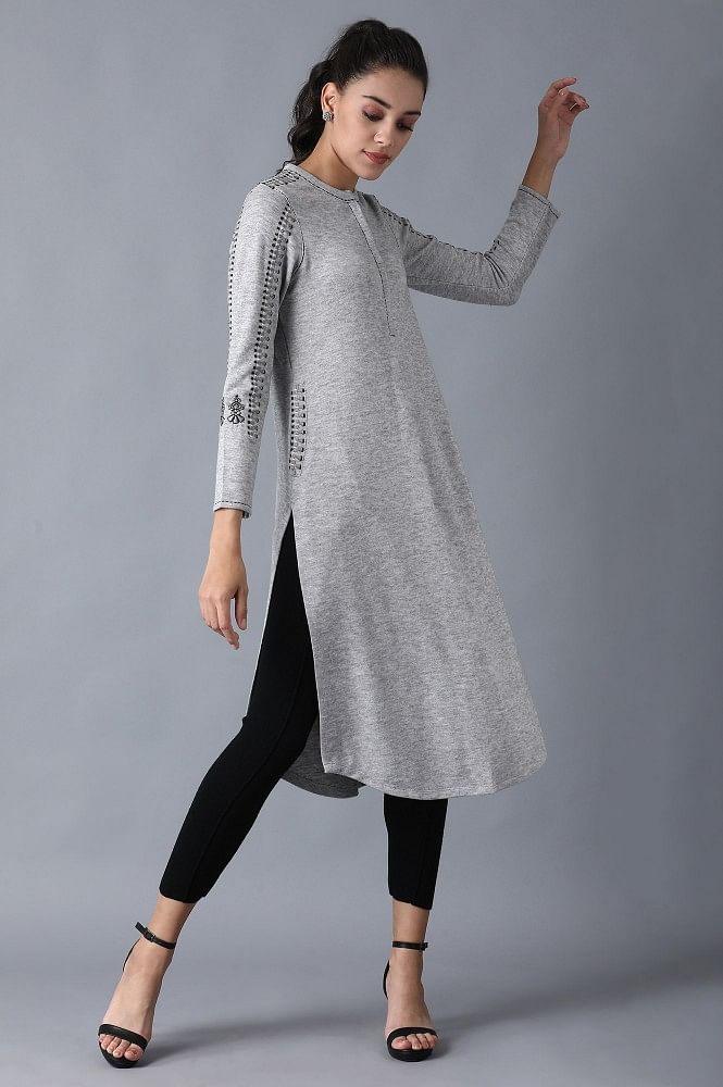 Grey Mandarin Neck Winter kurta - wforwoman