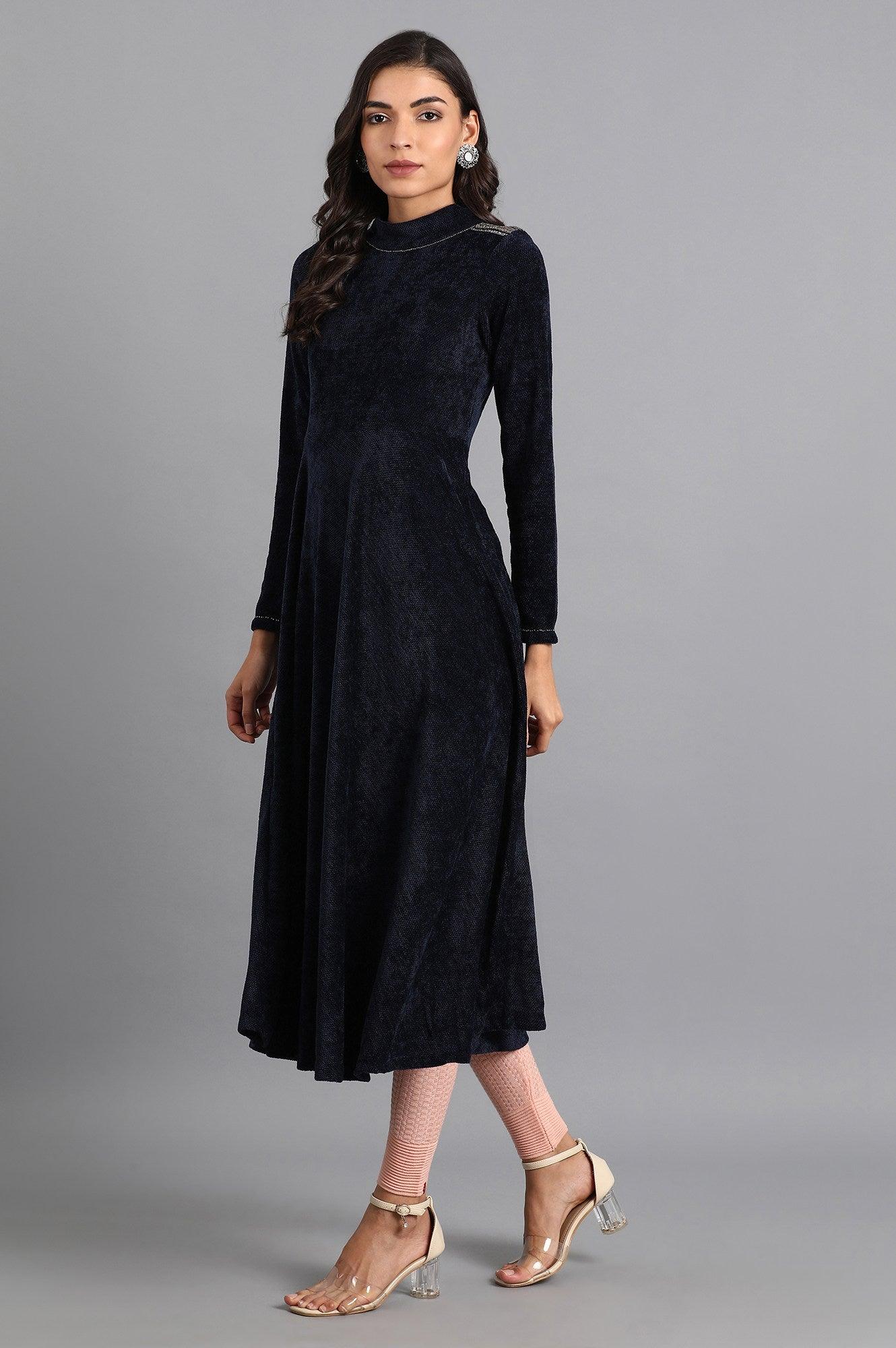 Navy Mandarin Neck Winter kurta - wforwoman