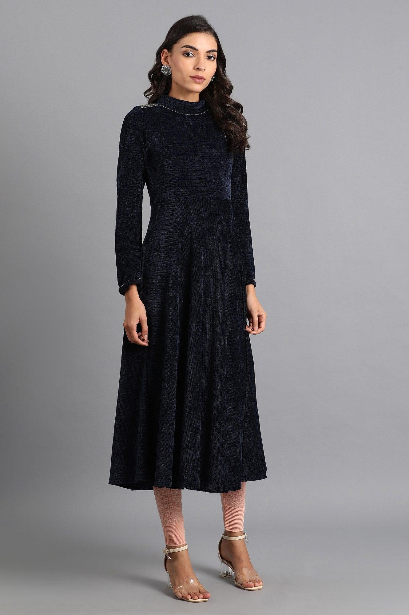 Navy Mandarin Neck Winter kurta - wforwoman