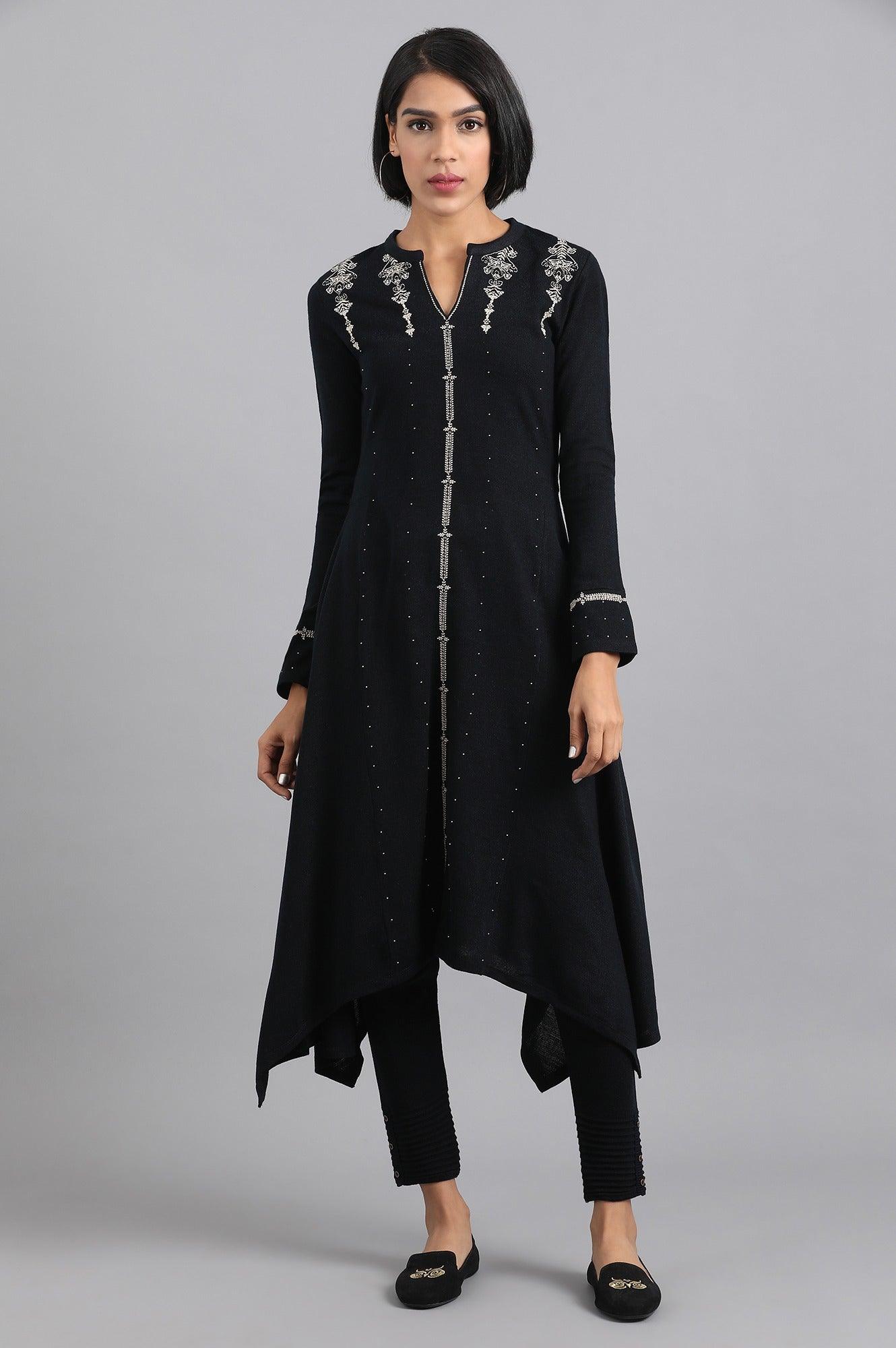 Navy Blue Mandarin Neck Winter kurta - wforwoman