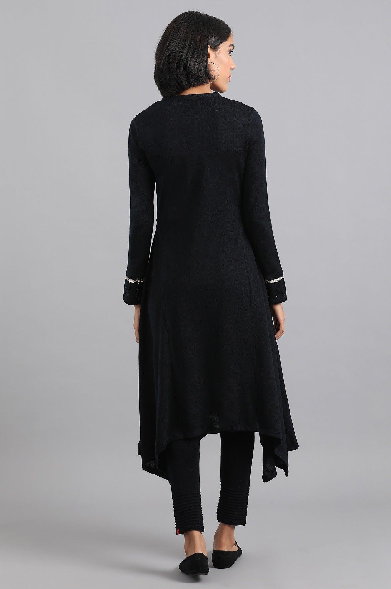 Navy Blue Mandarin Neck Winter kurta - wforwoman