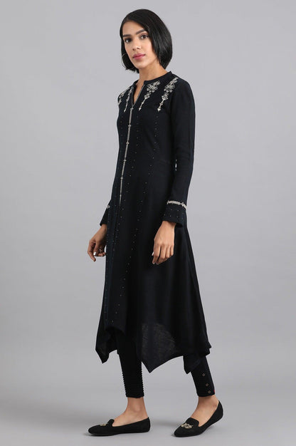 Navy Blue Mandarin Neck Winter kurta - wforwoman