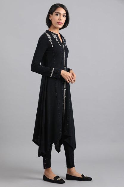 Navy Blue Mandarin Neck Winter kurta - wforwoman