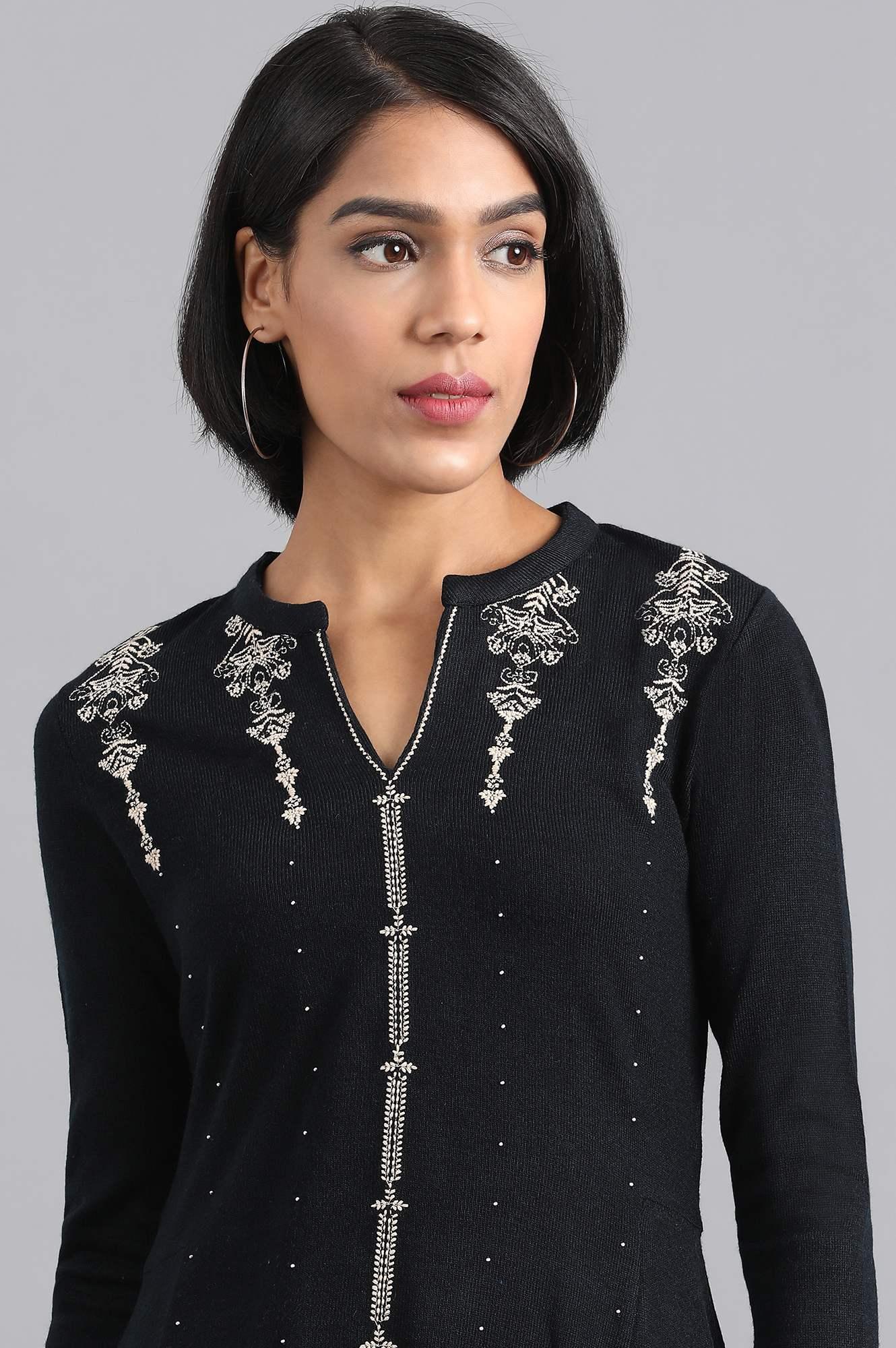 Navy Blue Mandarin Neck Winter kurta - wforwoman