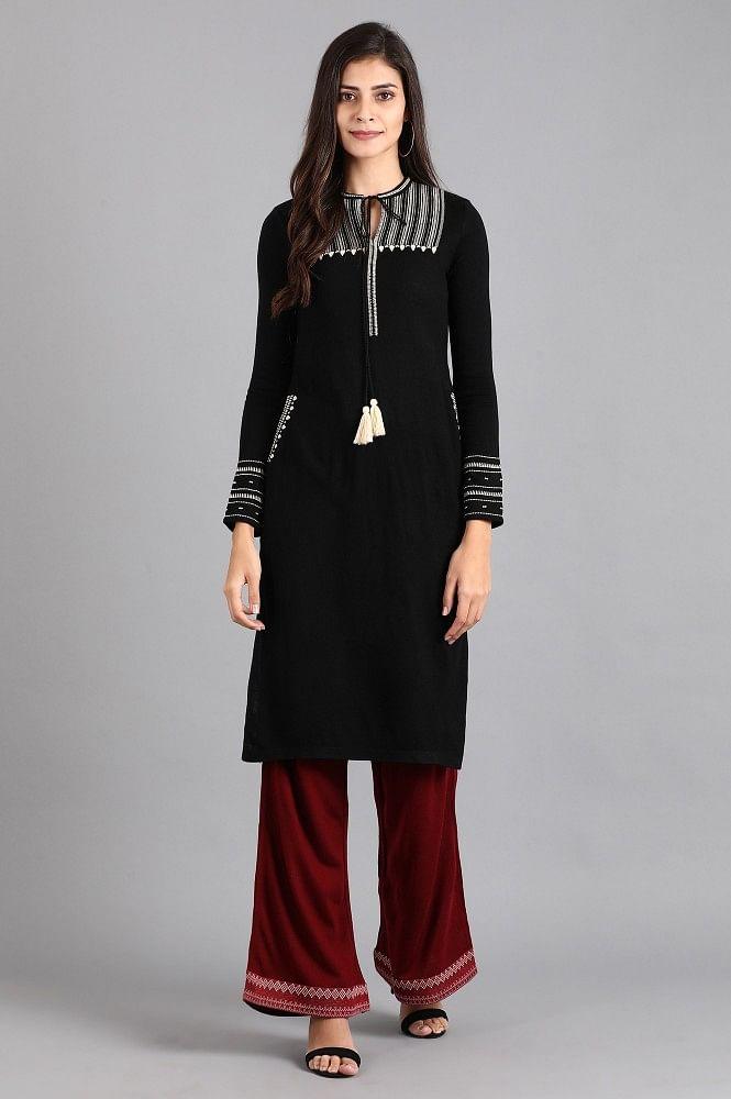 Black Mandarin Neck Winter kurta - wforwoman