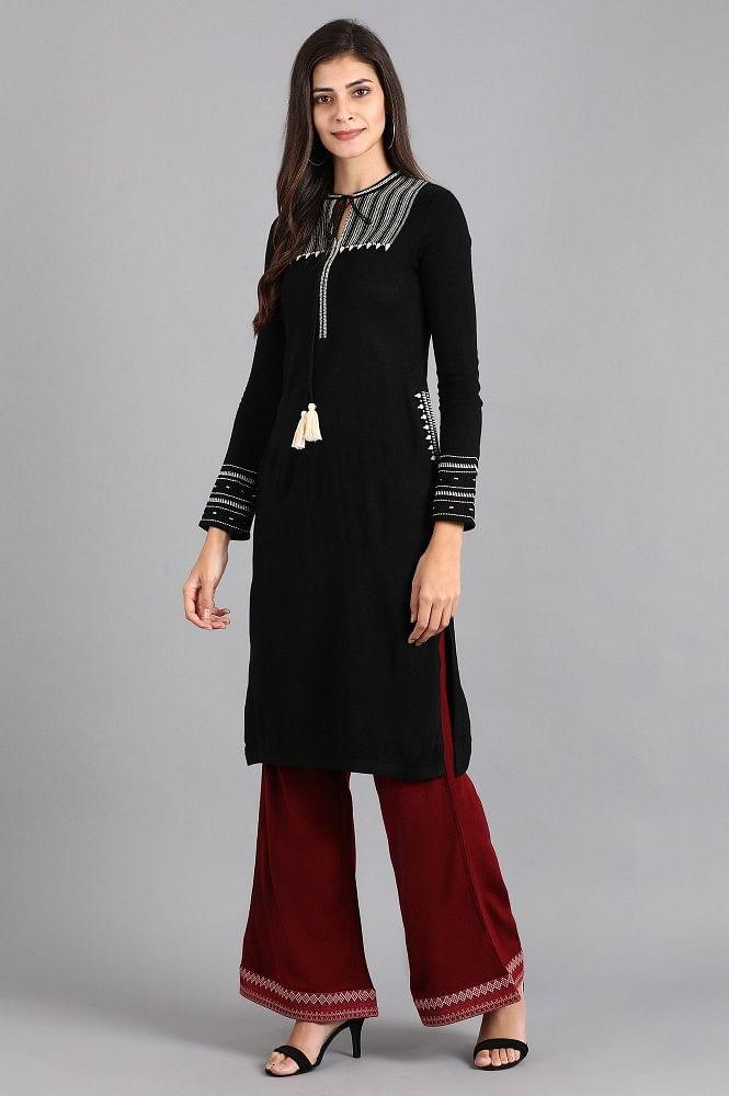 Black Mandarin Neck Winter kurta - wforwoman