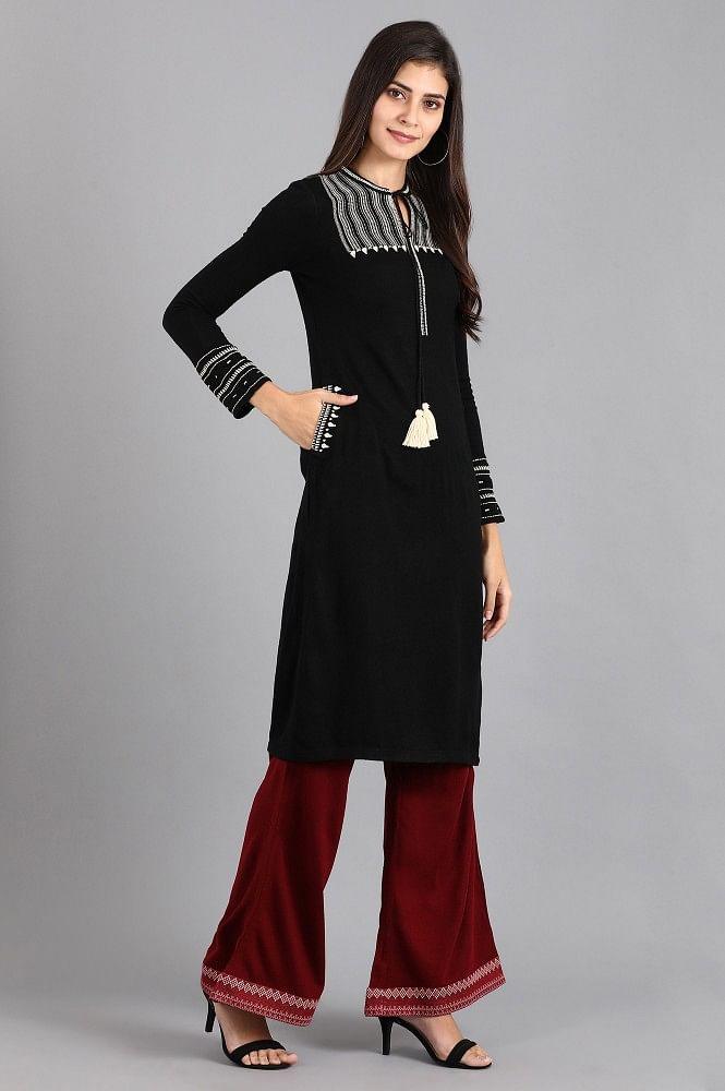 Black Mandarin Neck Winter kurta - wforwoman