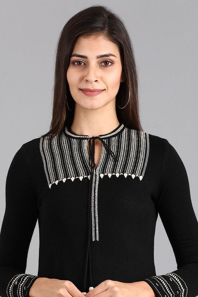 Black Mandarin Neck Winter kurta - wforwoman