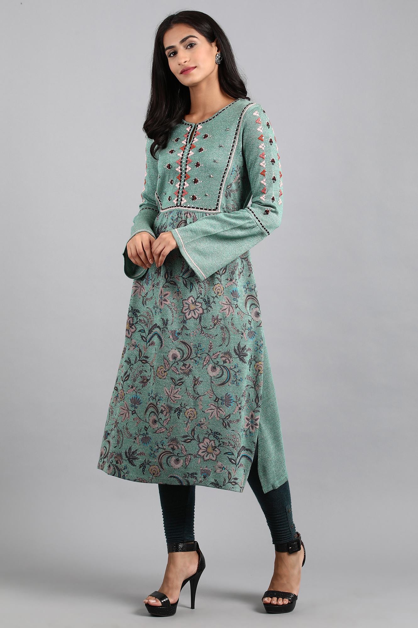 Green Round Neck Winter kurta