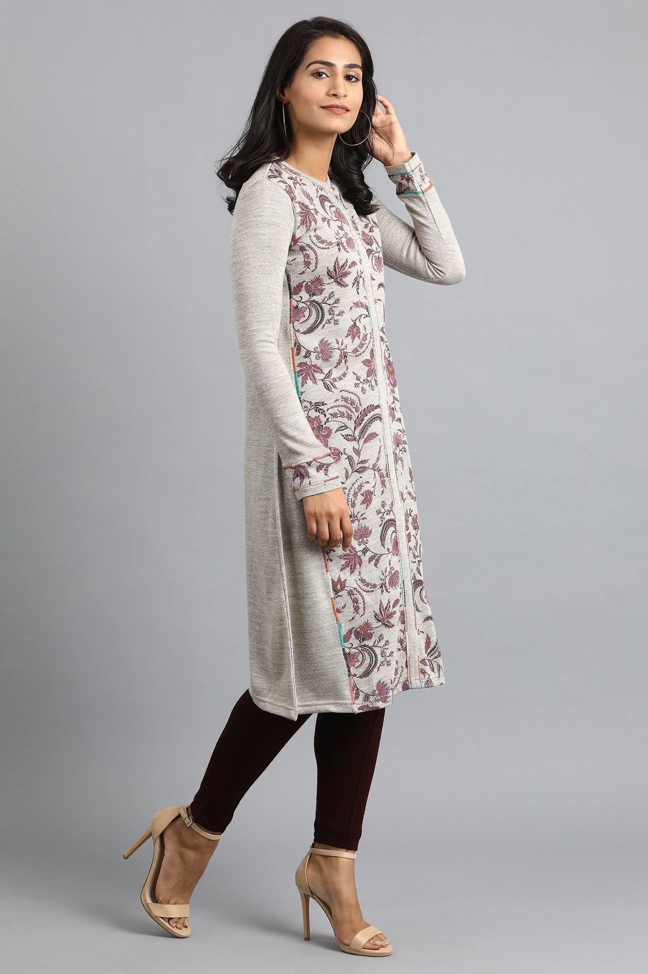 Beige Mandarin Neck Winter kurta - wforwoman