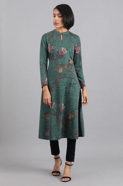 Green Mandarin Neck Winter kurta - wforwoman