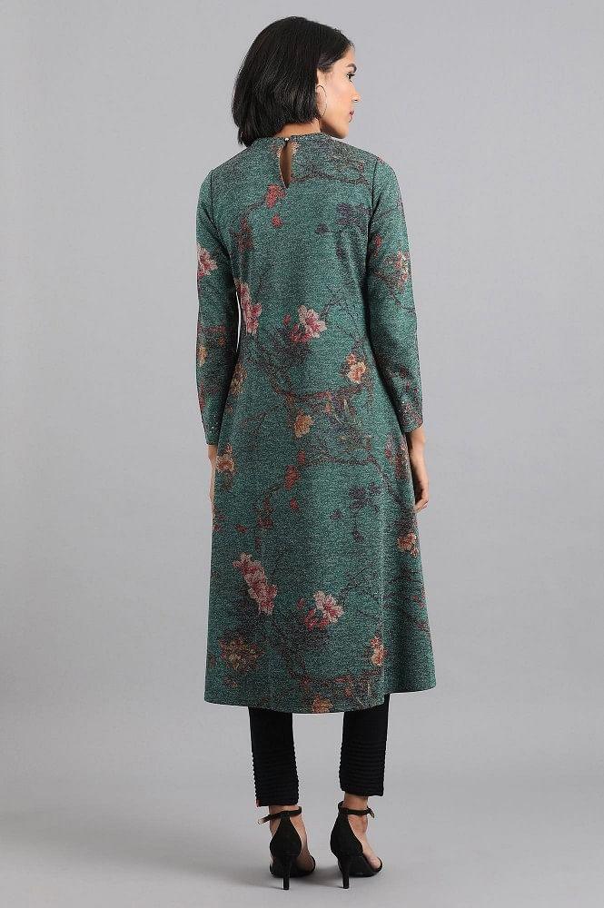 Green Mandarin Neck Winter kurta - wforwoman