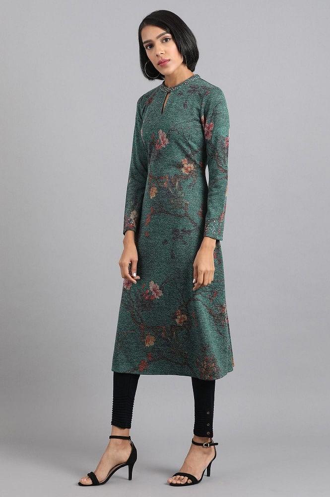 Green Mandarin Neck Winter kurta - wforwoman