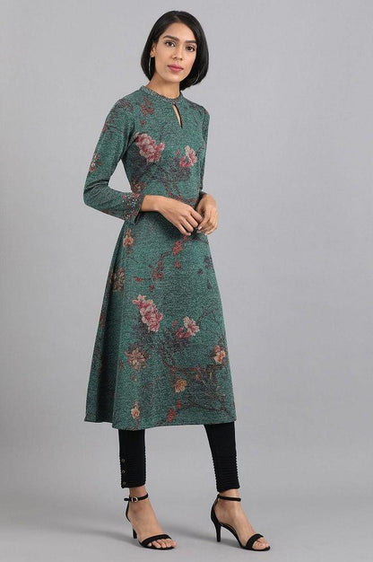 Green Mandarin Neck Winter kurta - wforwoman