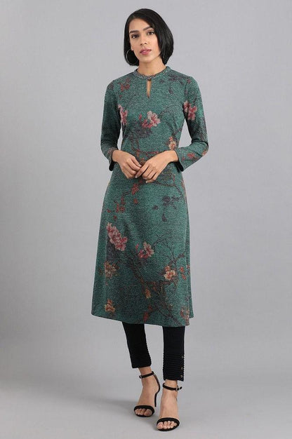 Green Mandarin Neck Winter kurta - wforwoman