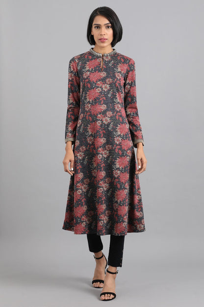 Navy Blue &amp; Red Mandarin Neck Winter kurta - wforwoman